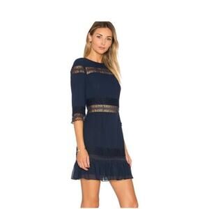 Tularosa Asher Dress Lace Eyelet 3/4 Sleeve Mini Dress Pleated Hem Deep Blue S
